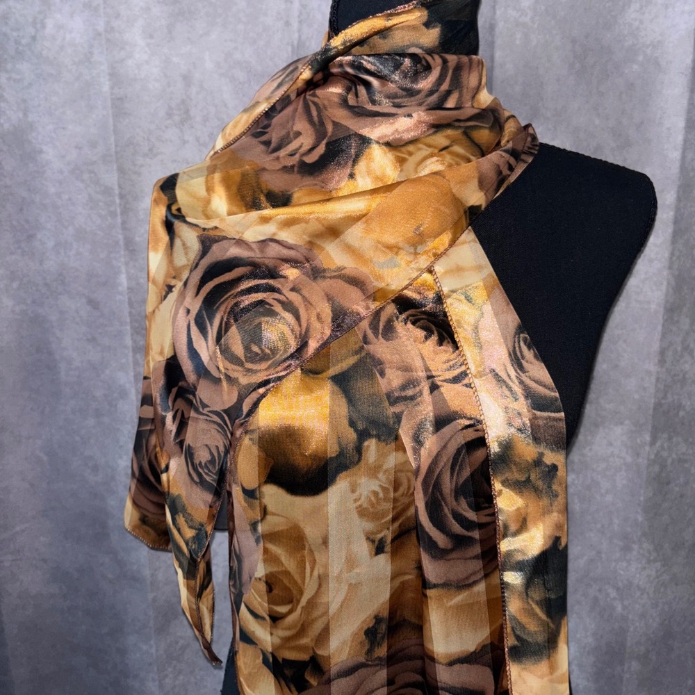 Vintage Gold Floral Rose Sheer Elegant Striped Scarf 51x10